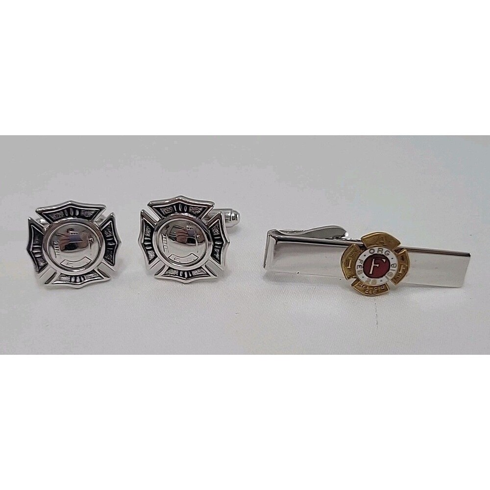 VTG Set Silver Tone Fire Department FD Cufflinks HISTORIC Gold Tone & Tie Clip